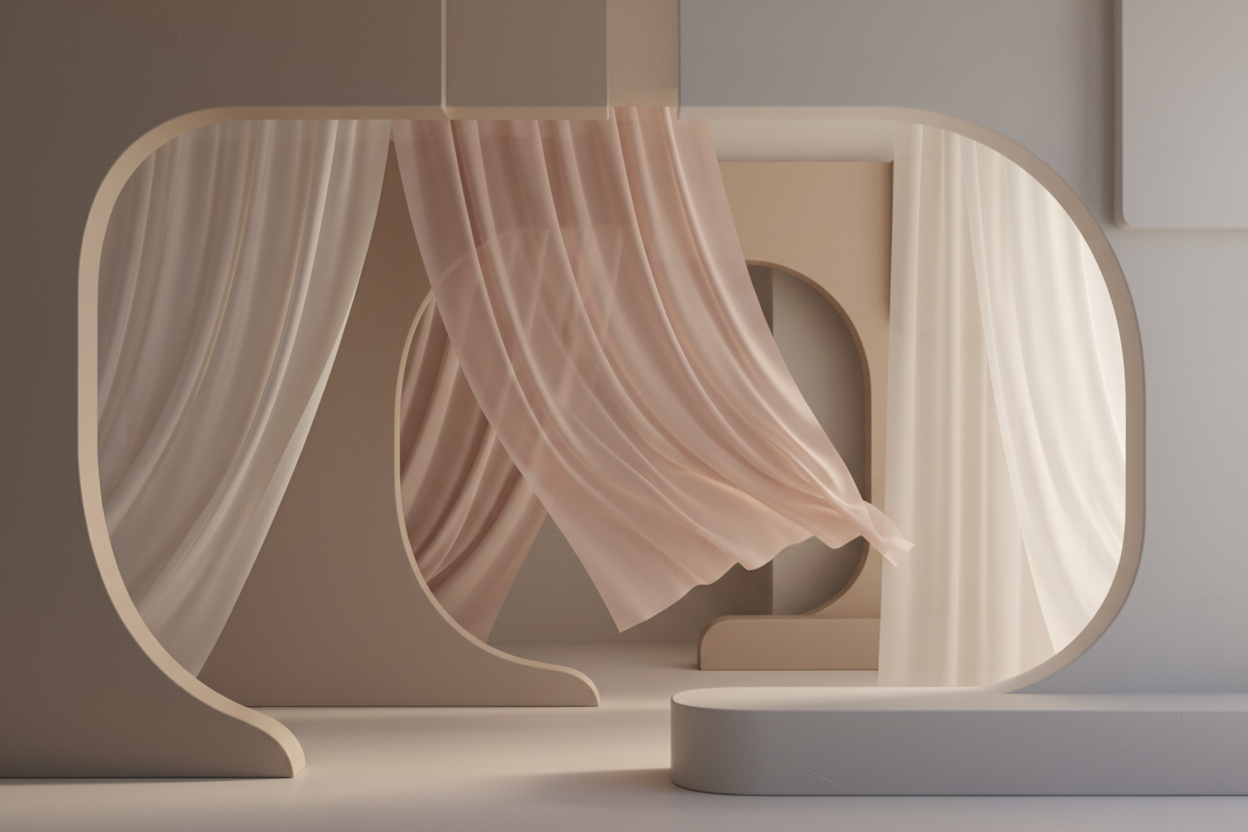 Immagine hero elegante e minimalista per homepage di un negozio online femminile moderno.
Stile fashion lifestyle, non arredamento, non spa.

Ambiente astratto e raffinato con:
- tende o drappi in tessuto leggero
- forme architettoniche morbide e minimal
- luce naturale calda e diffusa
- palette colori neutri: beige, tortora, cipria, rosa polvere, grigio chiaro

Atmosfera:
eleganza quotidiana, femminilità moderna, comfort, stile contemporaneo.

Nessun prodotto visibile.
Nessuna scritta o testo nell’immagine